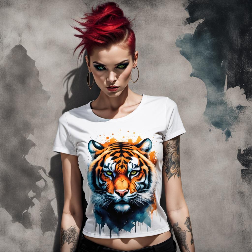 Defiant Punk Woman with Tiger Art, Digital Portrait