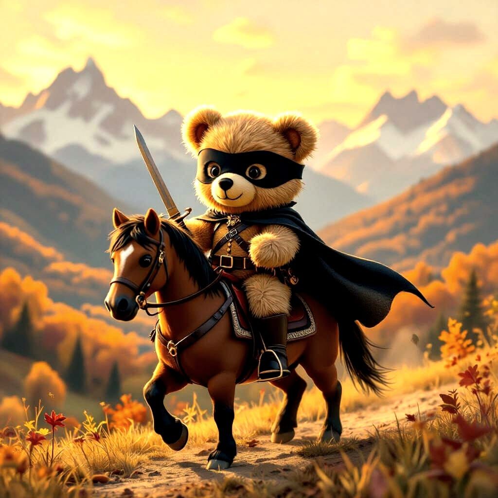 Teddy Bear Zorro Hero on Horseback in Autumn