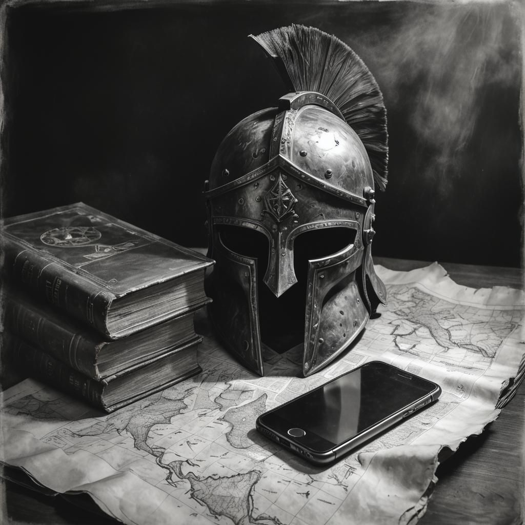 Ancient Helmet and Smartphone: Charcoal Drawing in Chiaroscu...