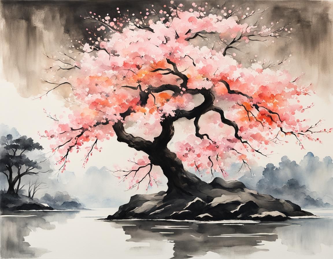 Sakura Tree in Chinese Ink Painting Style