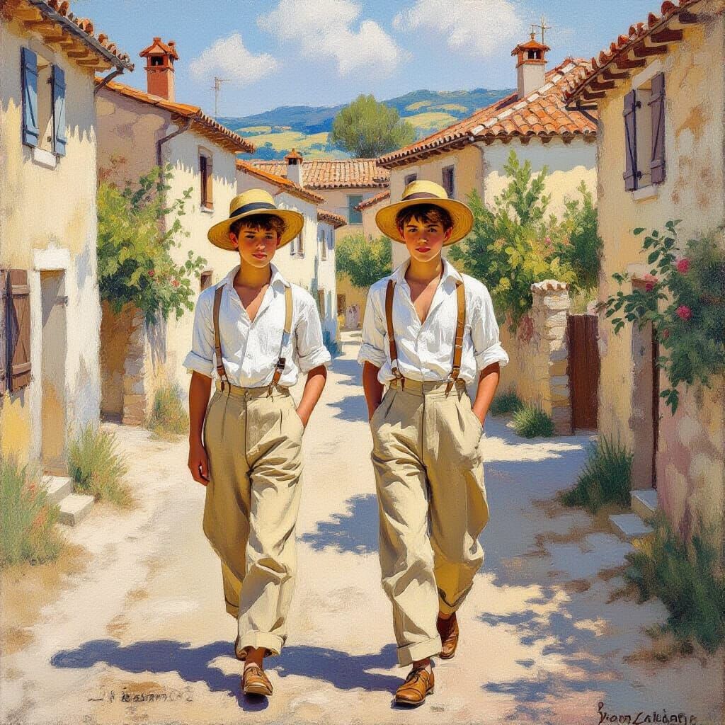 Boys Stroll Through French Village in Impressionist Style