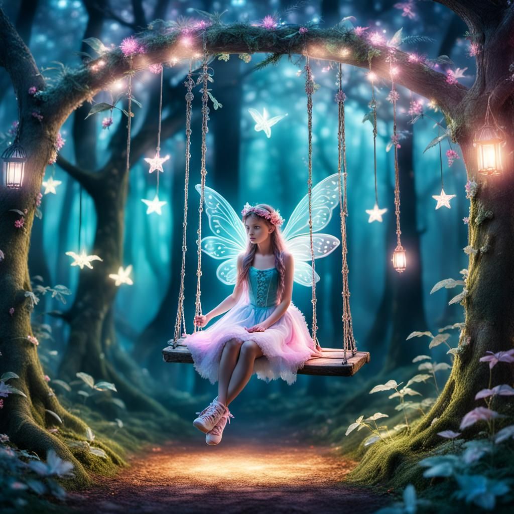 Hyperrealistic Fairy on Dream Swing in Pastel Forest