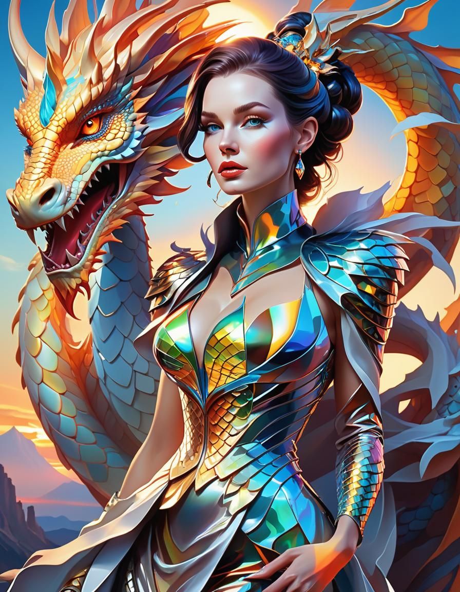 Woman and Dragon Portrait in Fantasy Art Style