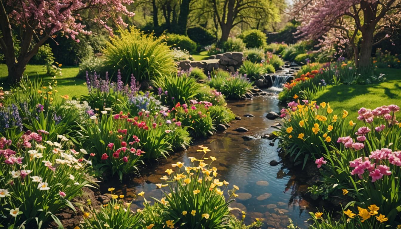 Colorful Spring Garden with Stream, Cinematic Style