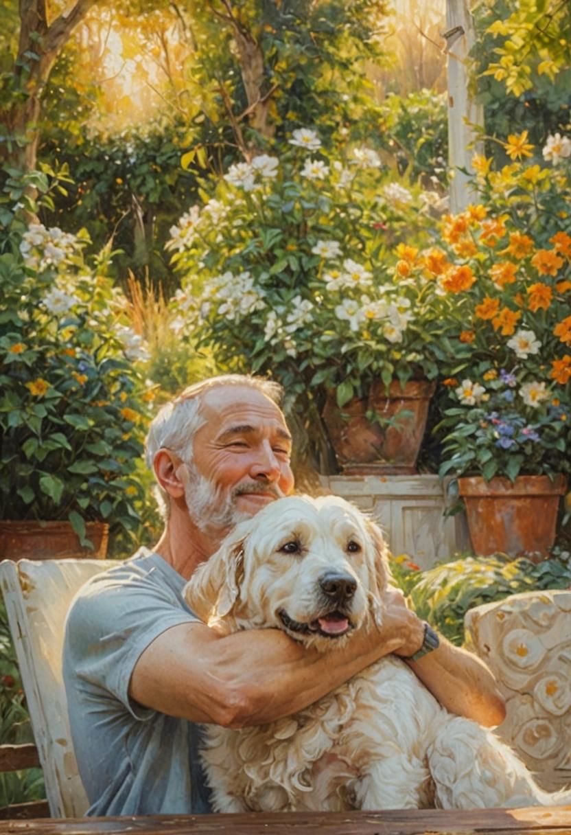 Man and Dog in Sunlit Garden: Oil Painting