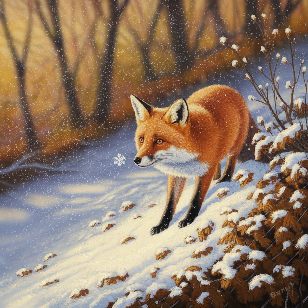 Fox Observes First Snowfall in Autumn Forest Oil Painting