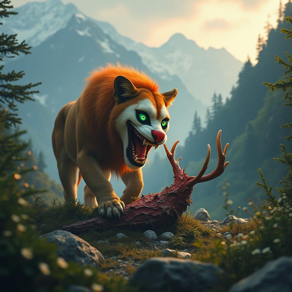 Mountain Lion in Mystical Morning Landscape with Clown Face