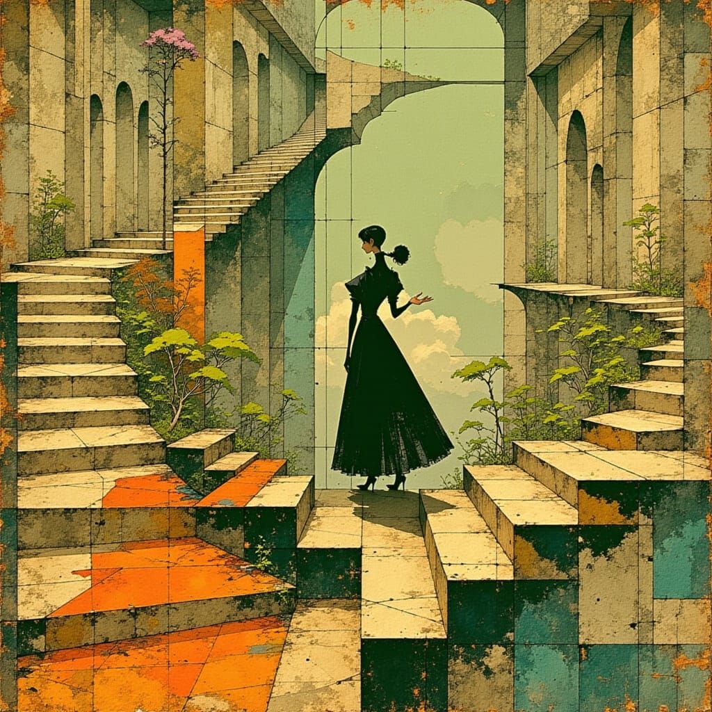 Woman on Escher-Inspired Staircase in Digital Art Style