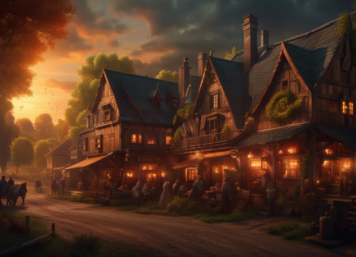 Photorealistic Western Village at Sunset