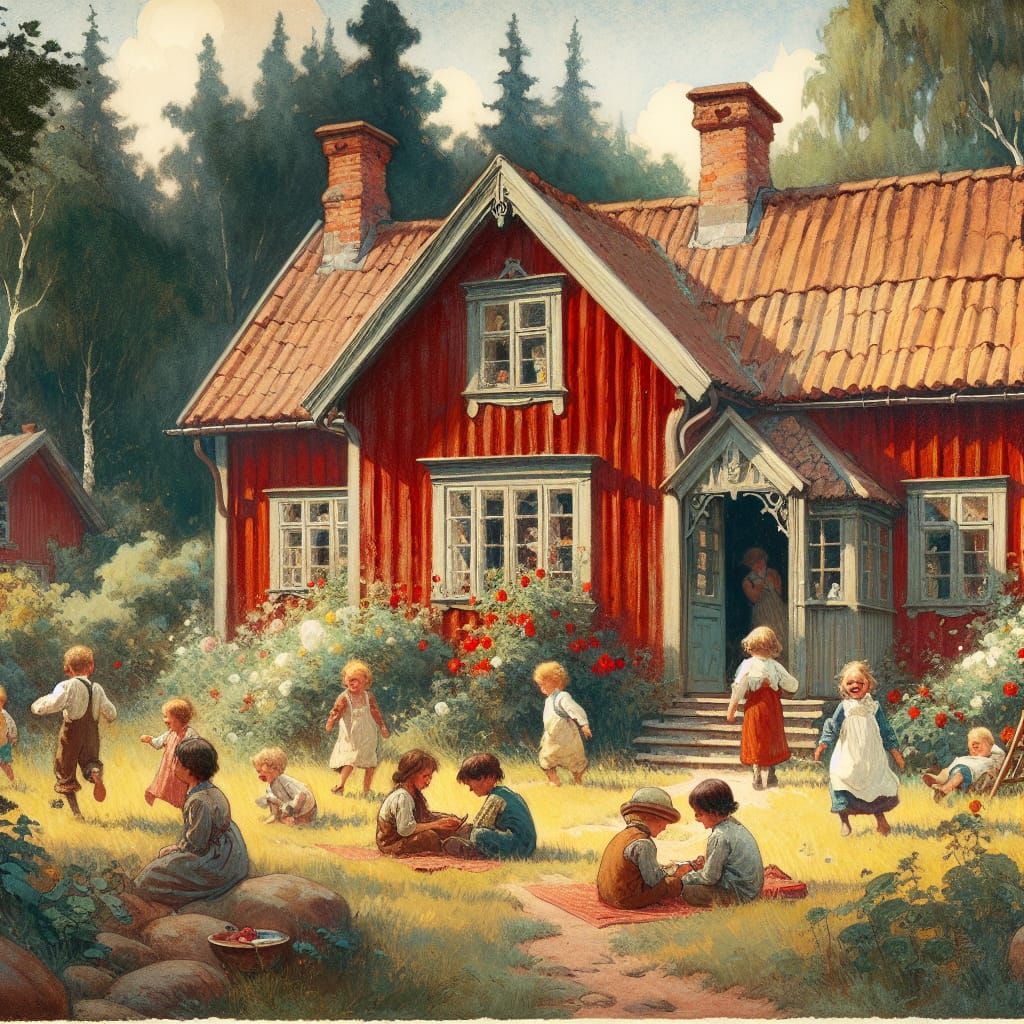 Swedish Summer House with Children, as Watercolor