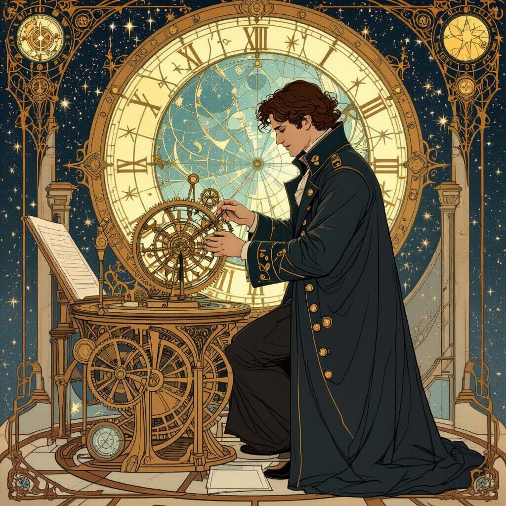 Celestial Clockmaker in Starry Workshop, Art Nouveau Style
