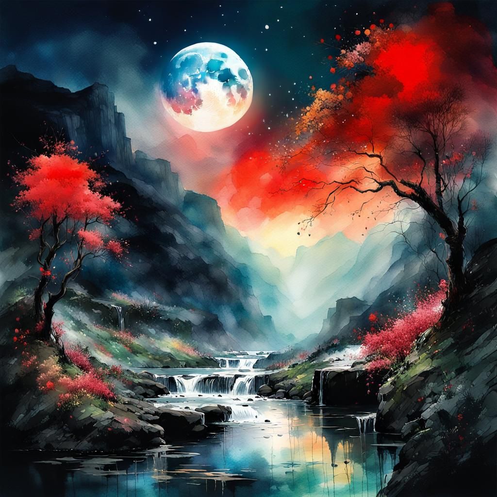 Lush Moonlit Valley in Watercolor Style