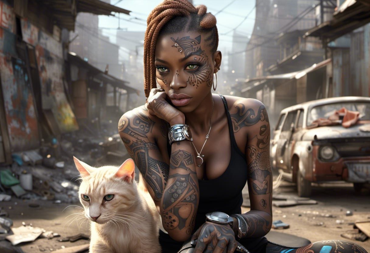 Cyber Cats Fight in Futuristic Slum: Baiducore Style