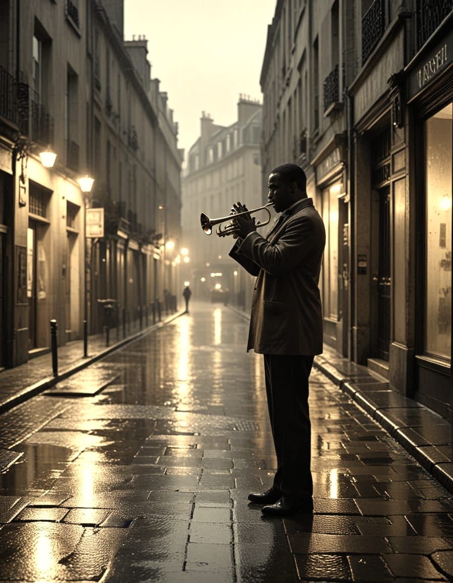 Jazz Trumpeter on Parisian Street at Dusk in Sepia Tone