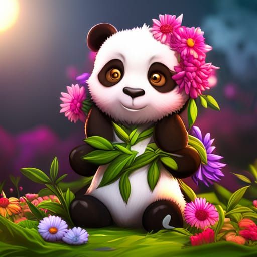 Cute Panda Bear with Flowers, Digital Rendering