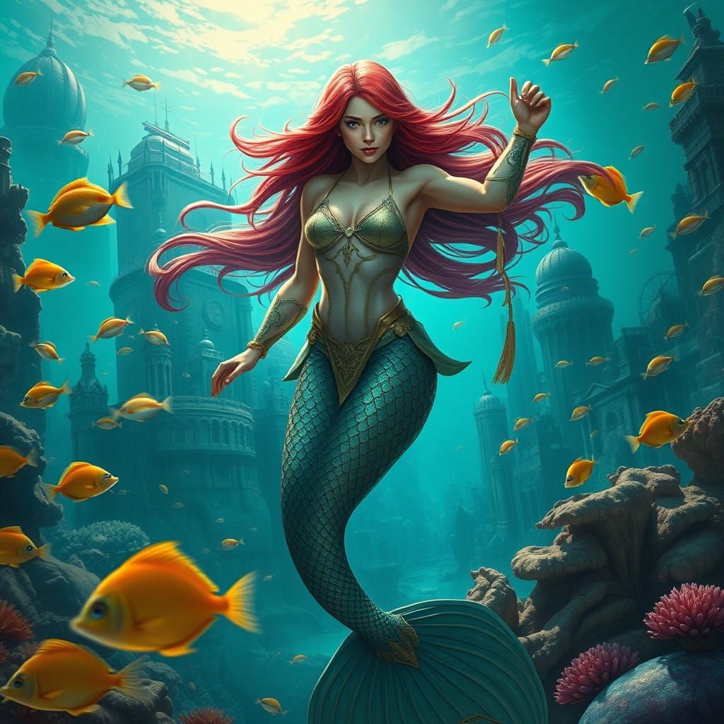 Majestic Mermaid Hero in Dazzling Underwater Cityscape