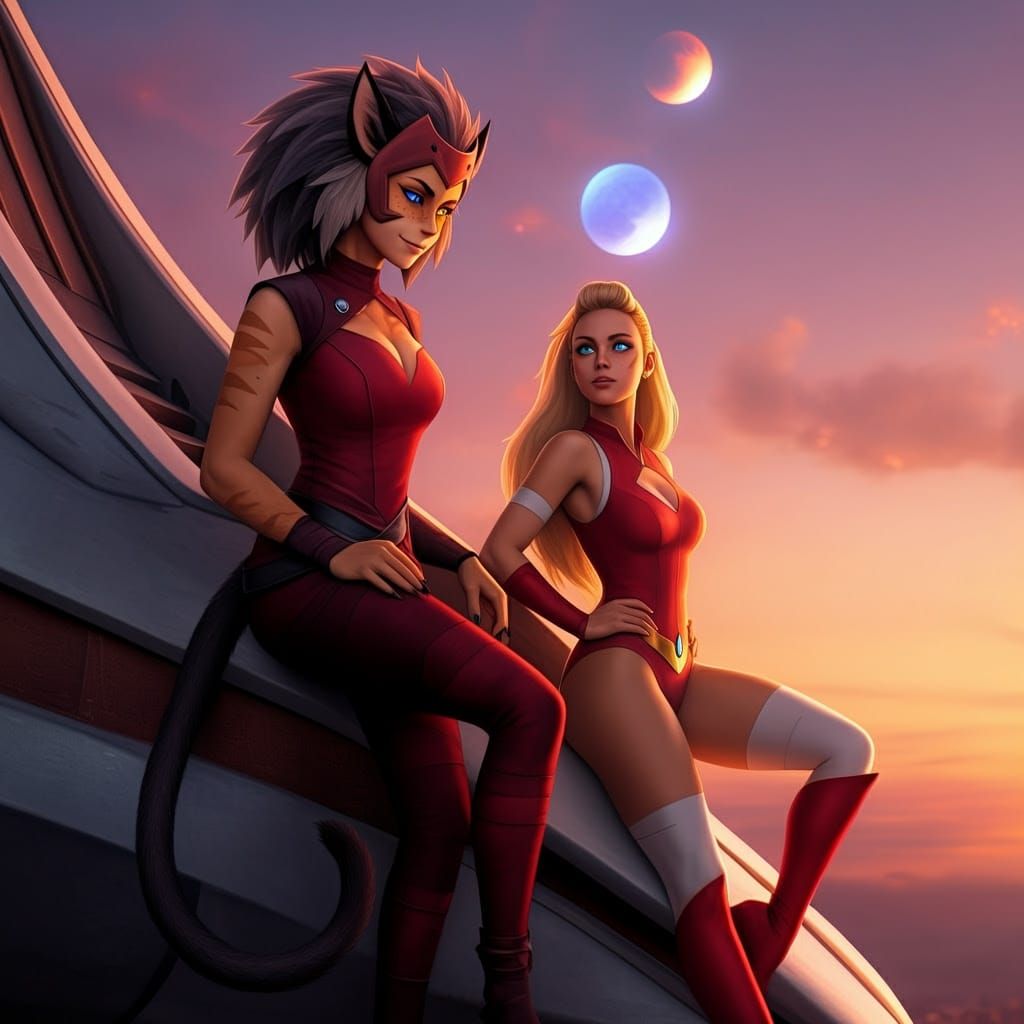Catra and Adora on a Majestic Airship at Sunset