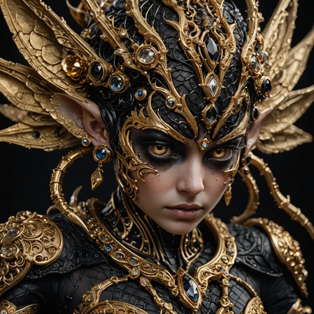 Pixie Creature in Black and Gold Jewelry