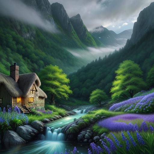 Idyllic Cottage Landscape with Mountains and Waterfalls