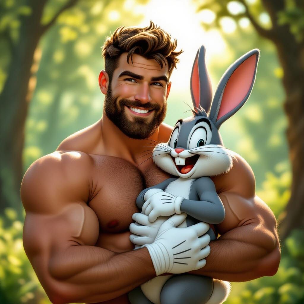 Muscular Man Cradles Bugs Bunny in Forest Sunlight
