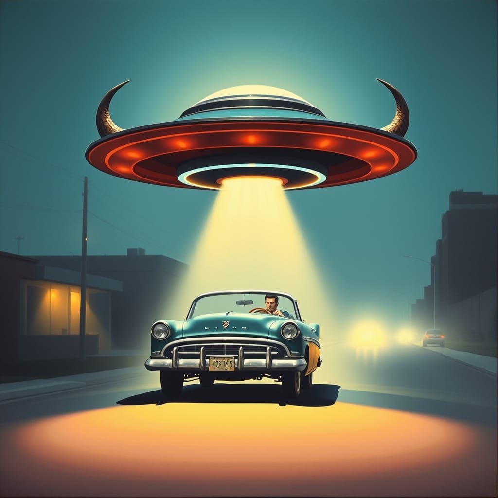 Futuristic Buffalo UFO Abducts Driver in 50s Street Scene
