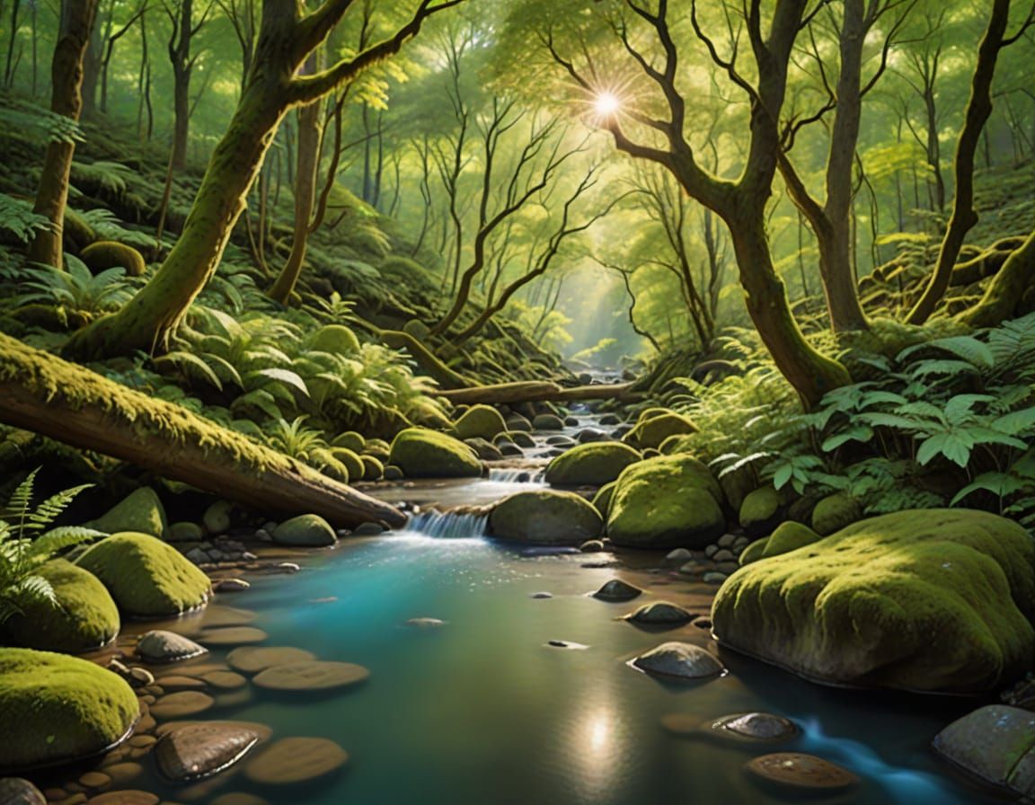 Sun-Dappled Forest Clearing with Gentle Stream