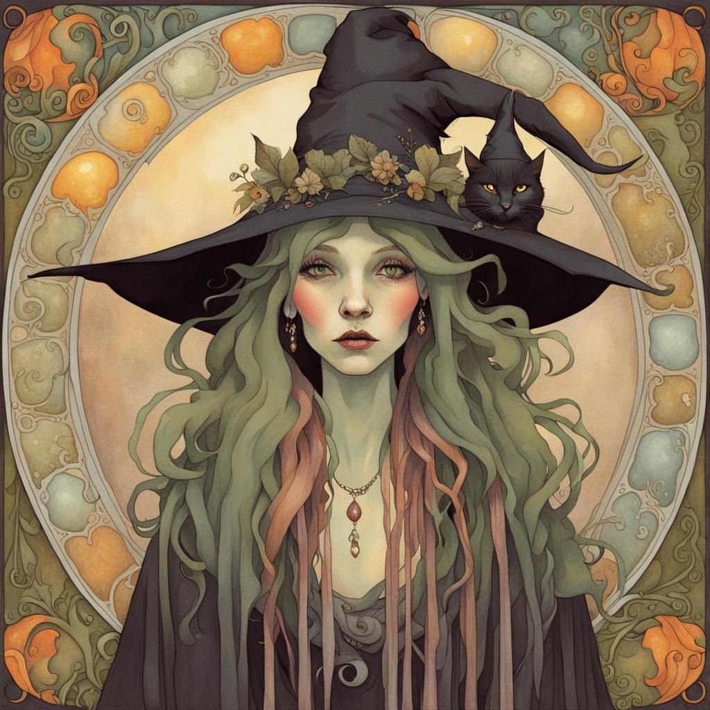 Vintage Witch Portrait in Art Nouveau Style