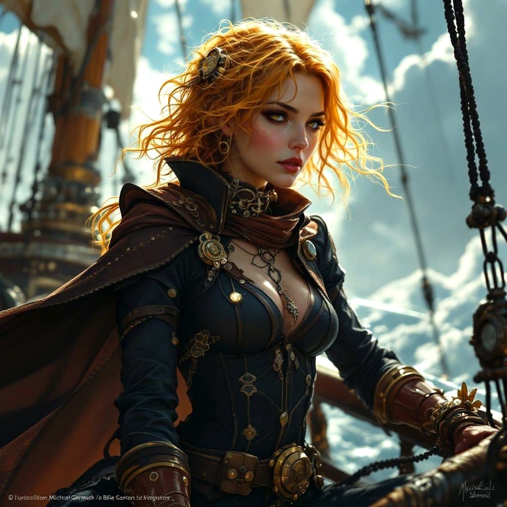 Gothic Steampunk Adventurer Woman in Flying Ship