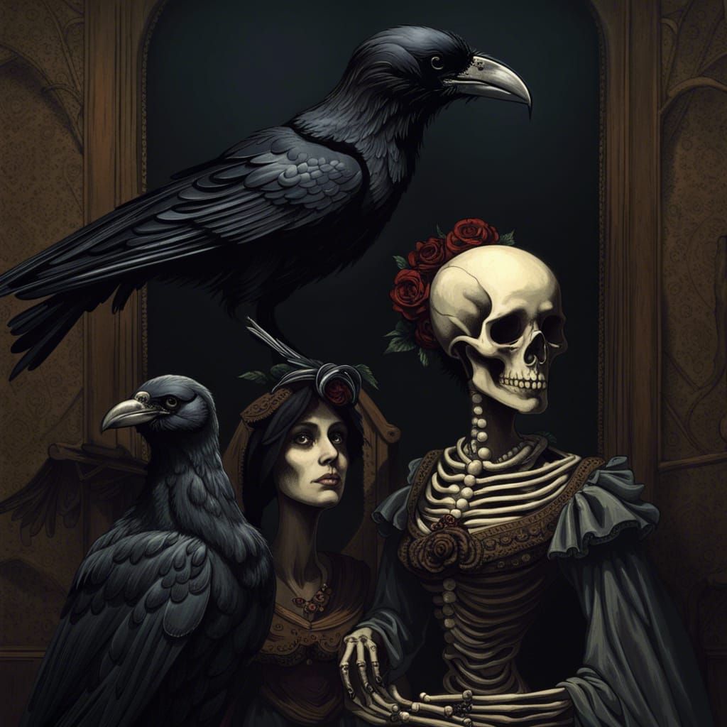 Renaissance Skeleton with Raven and Victorian Portrait