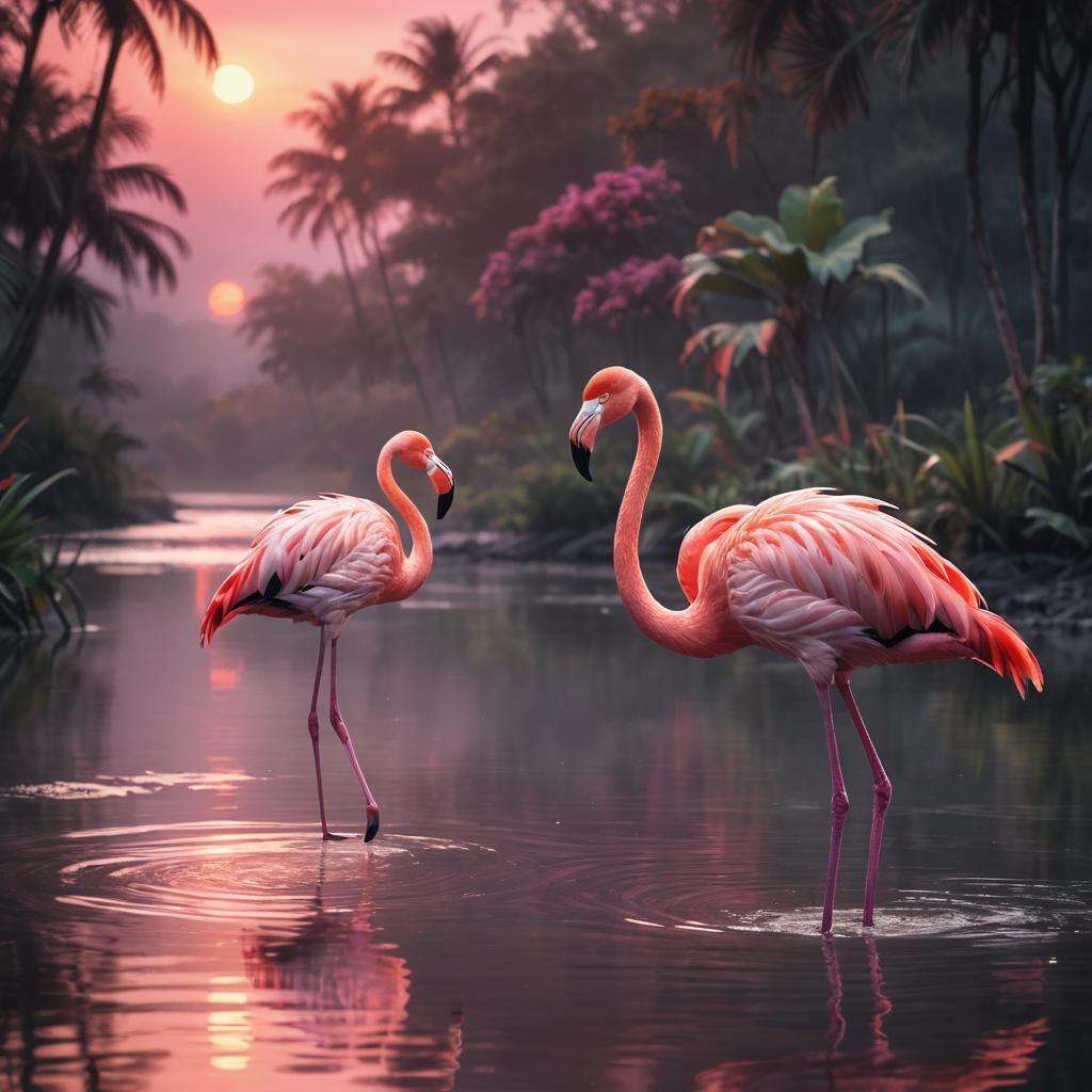 Flamingo by River at Sunset in Digital Art
