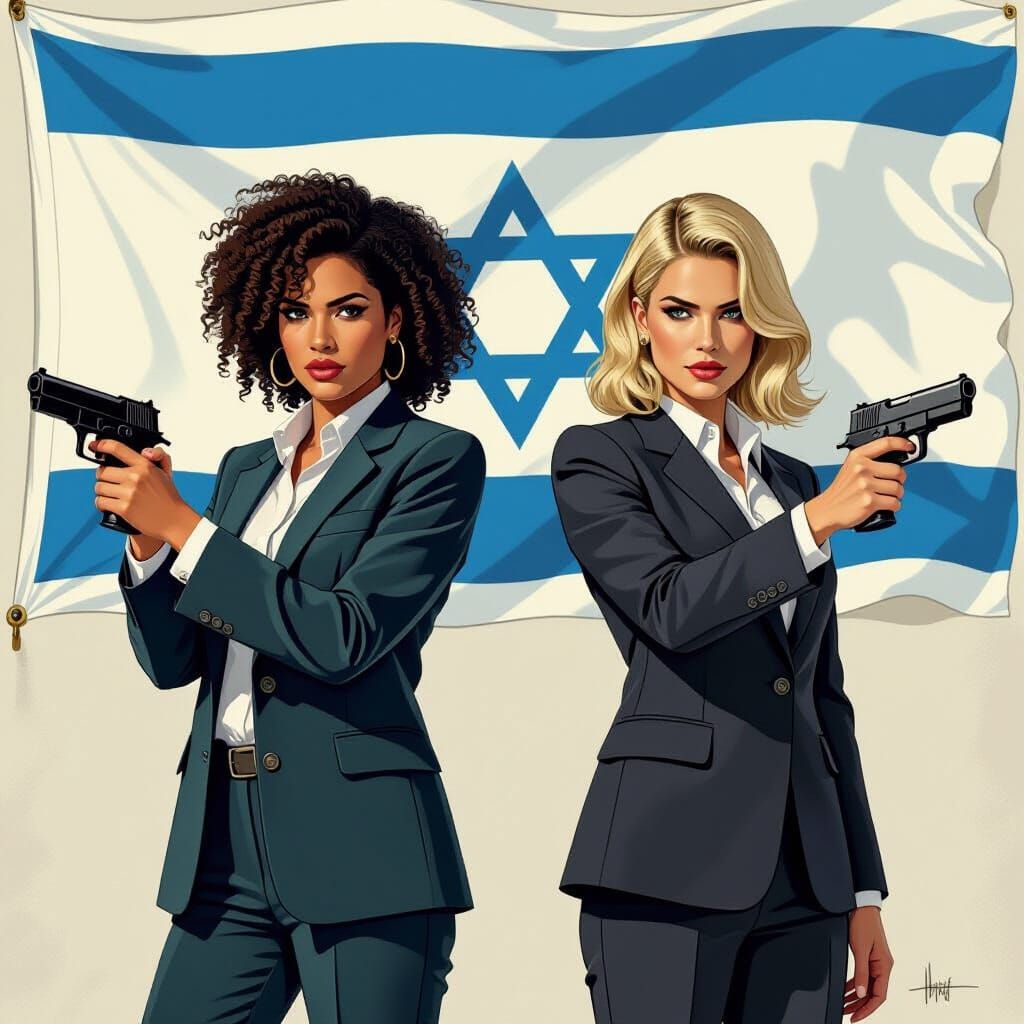 Dramatic Image of Armed Figures with Israeli Flag