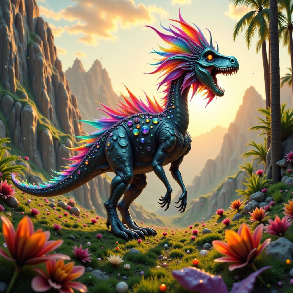 Gemstone Dinosaur in Lush Meadow: Digital Art