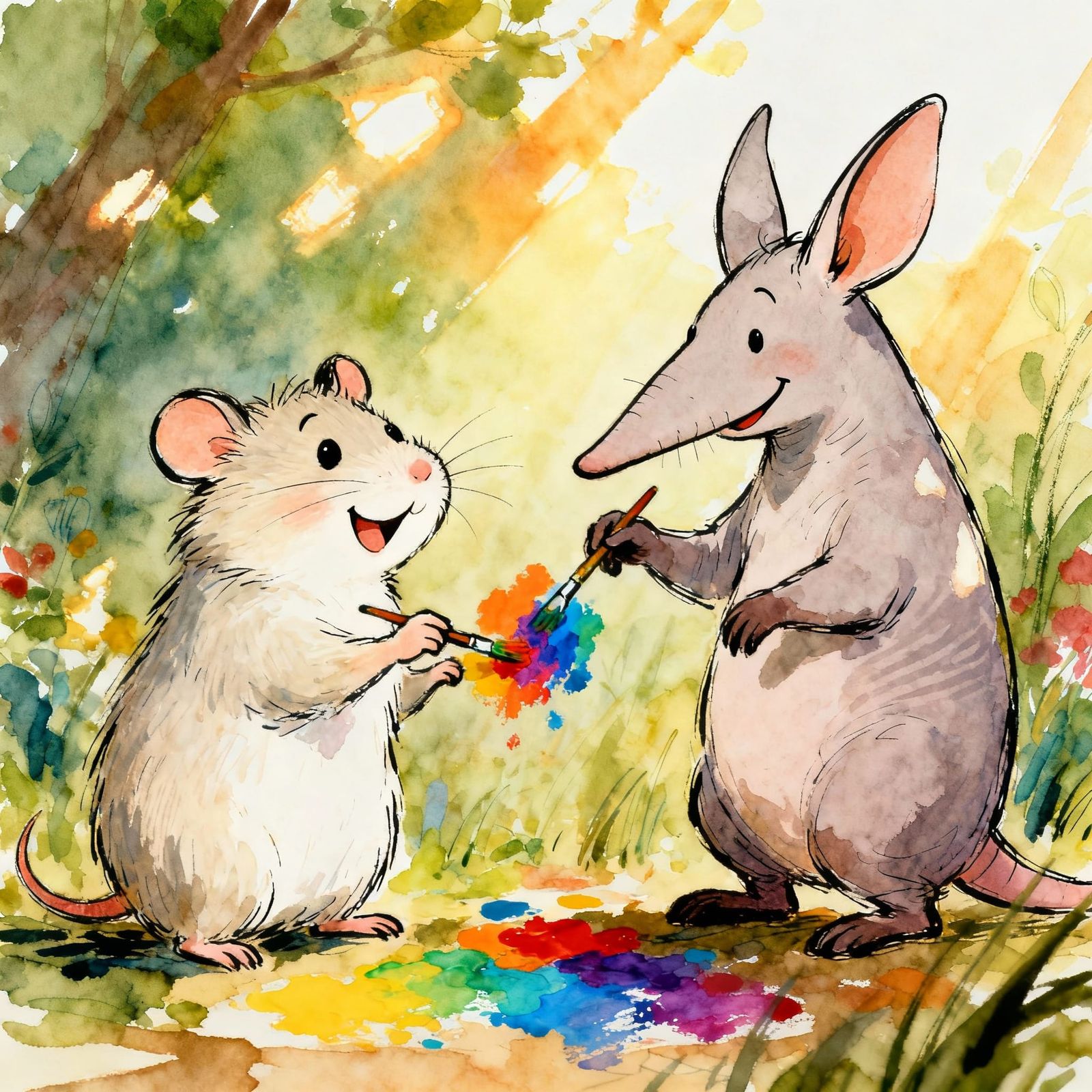 Whimsical Hamster and Aardvark Painting Joyful Art