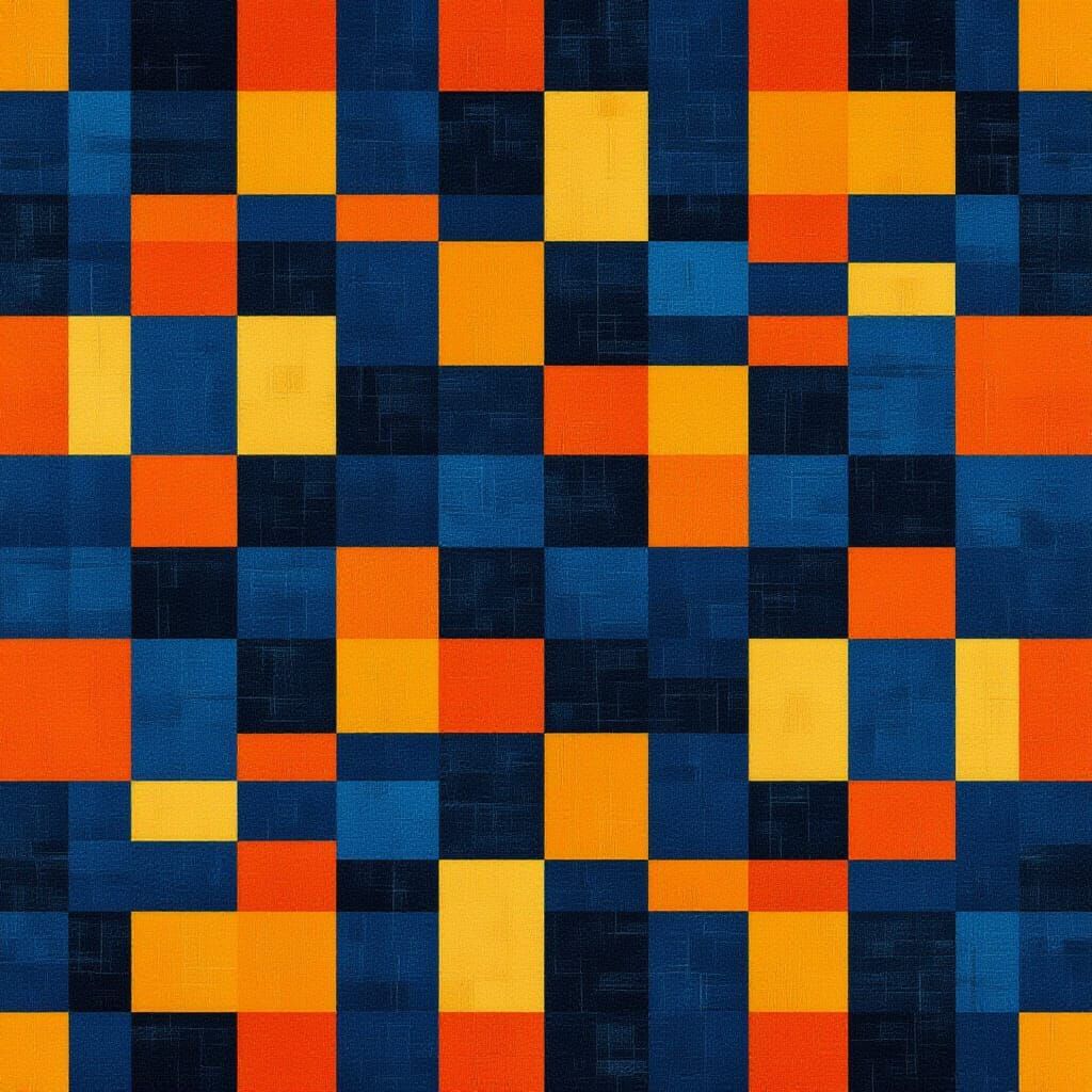 African Textile Pattern in Blue, Orange & Khaki Cubist Style