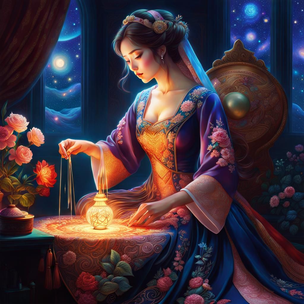 Anime-Style Woman Embroidering Dress, Digital Illustration