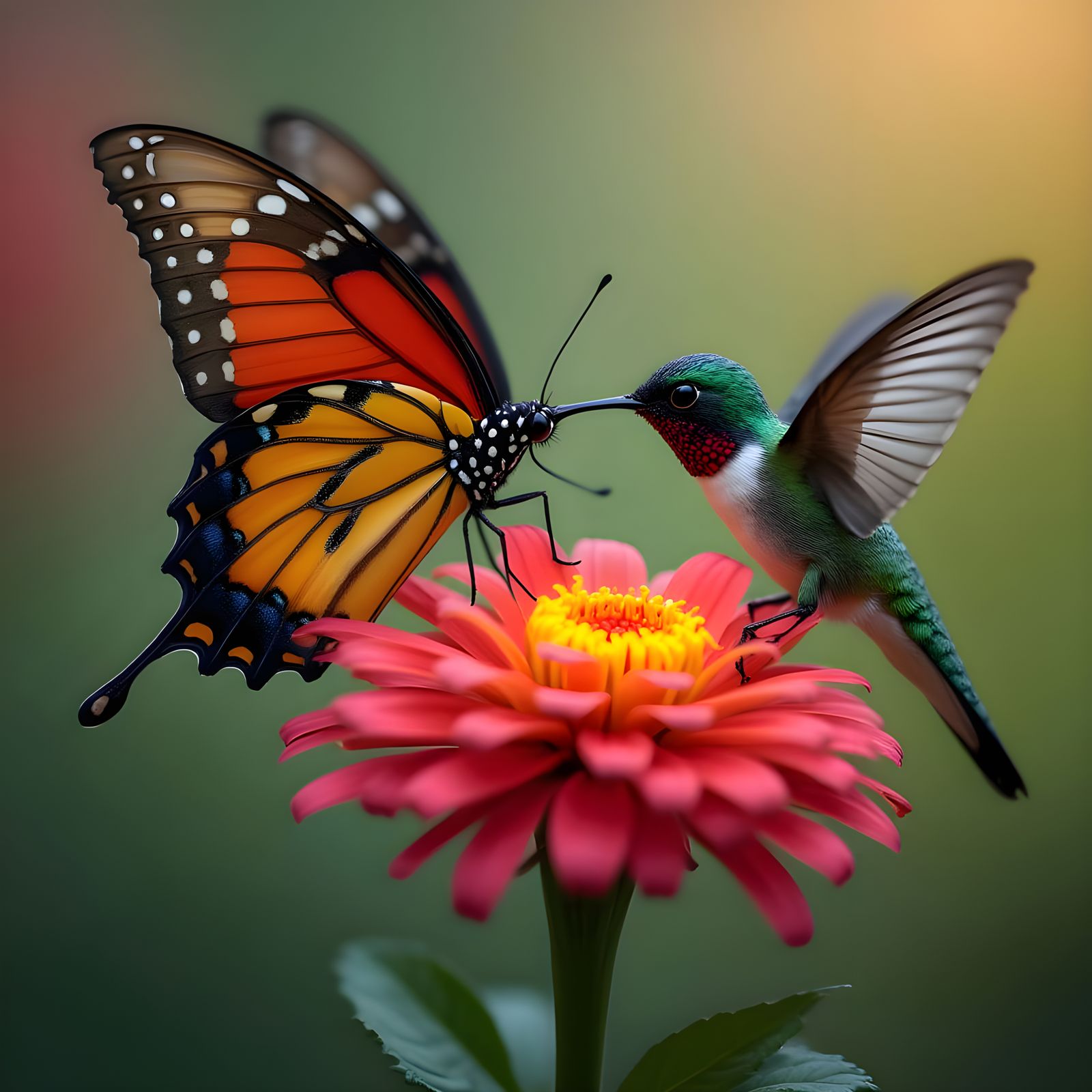 Vibrant Butterfly and Hummingbird Battle for Flower