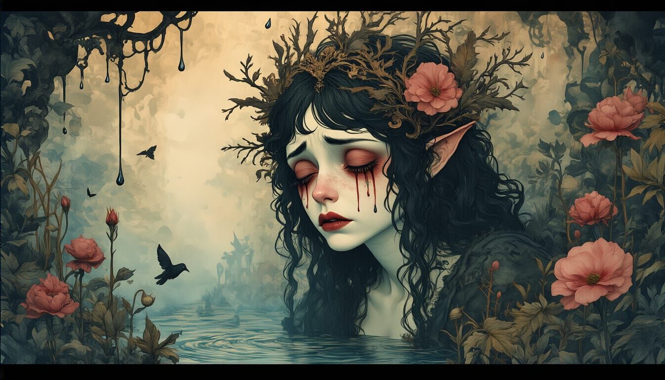 Retro-Futuristic Maximalist Scene in Rich Ink and Watercolor