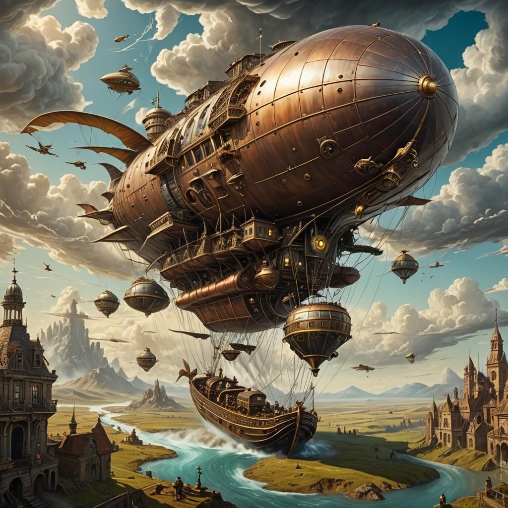 Steampunk Airship in Surreal Vortex Landscape