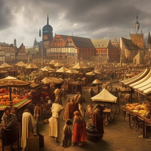 Medieval Morning Market in Germany: Digital Matte Painting