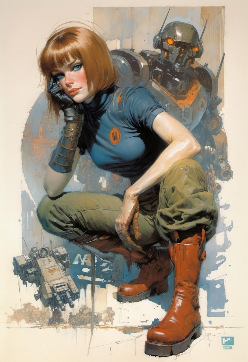 Woman Next to Mecha in Palette Knife Style