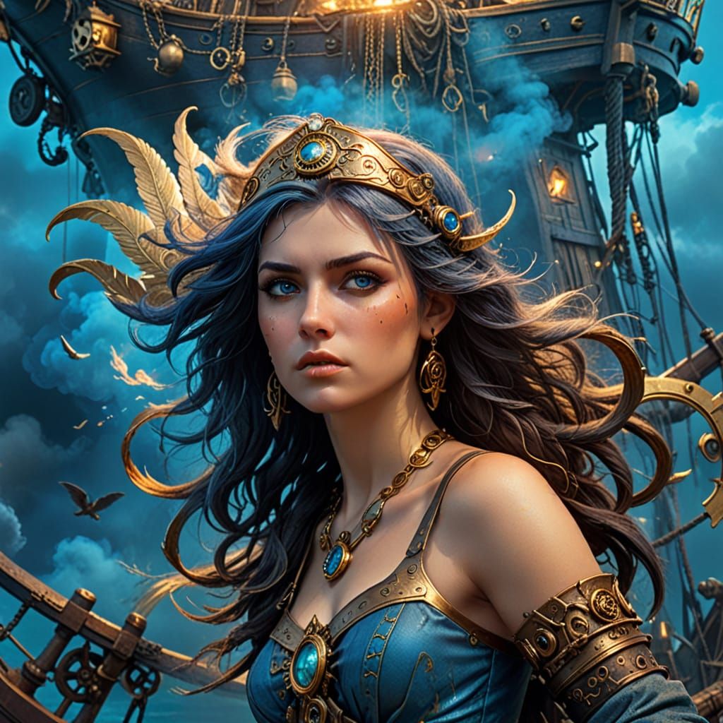 Steampunk Athena on Pirate Ship Illustration