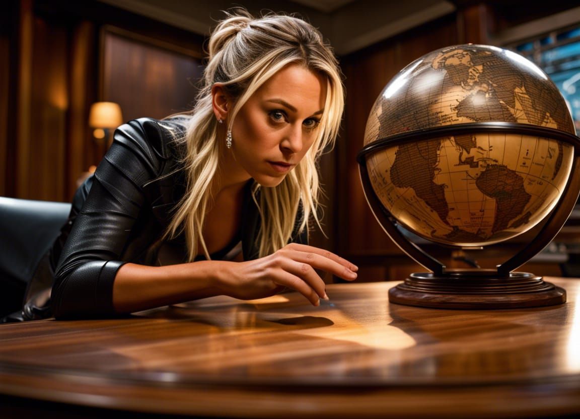 Hyperrealistic Image of Kaley Cuoco at Futuristic Desk