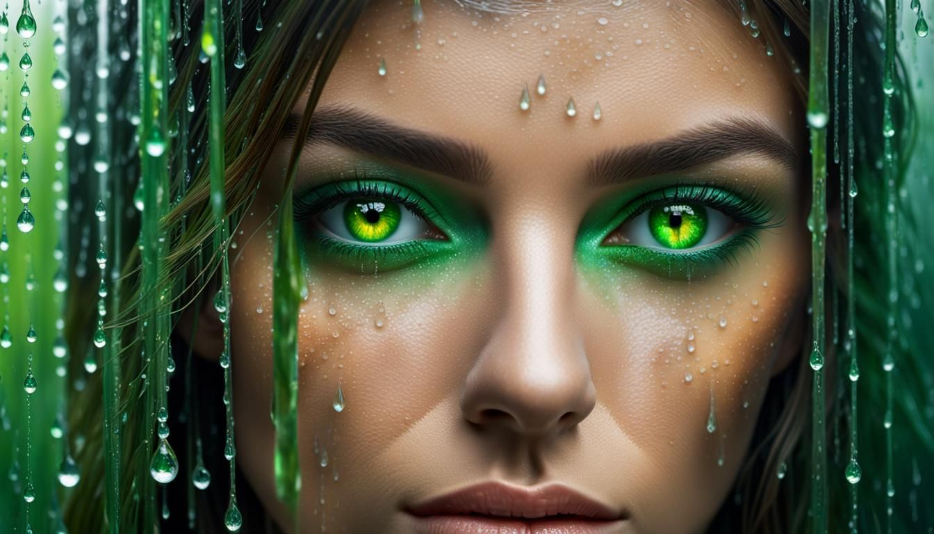 Sad Girl with Green Eyes in Hyperrealistic Rain Portrait