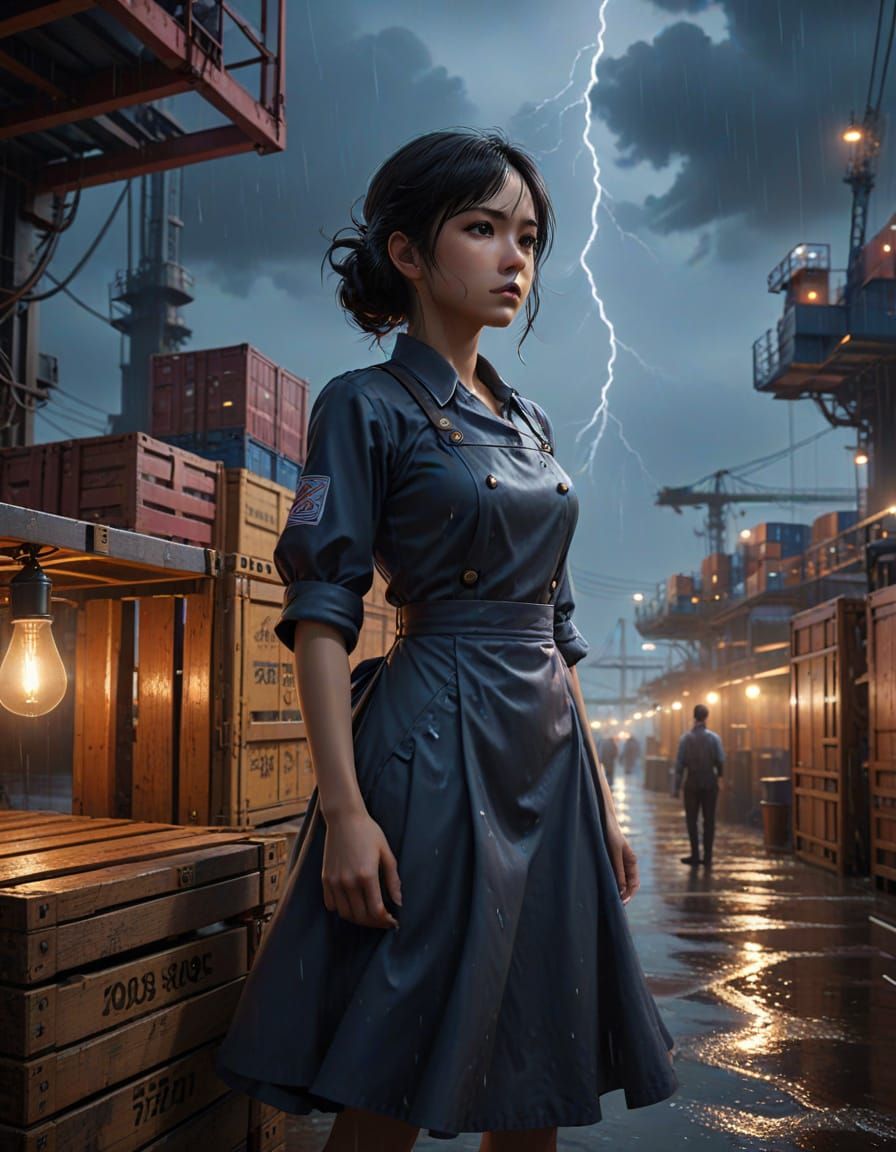 Anime Maid in Stormy Shipyard: Detailed Illustration