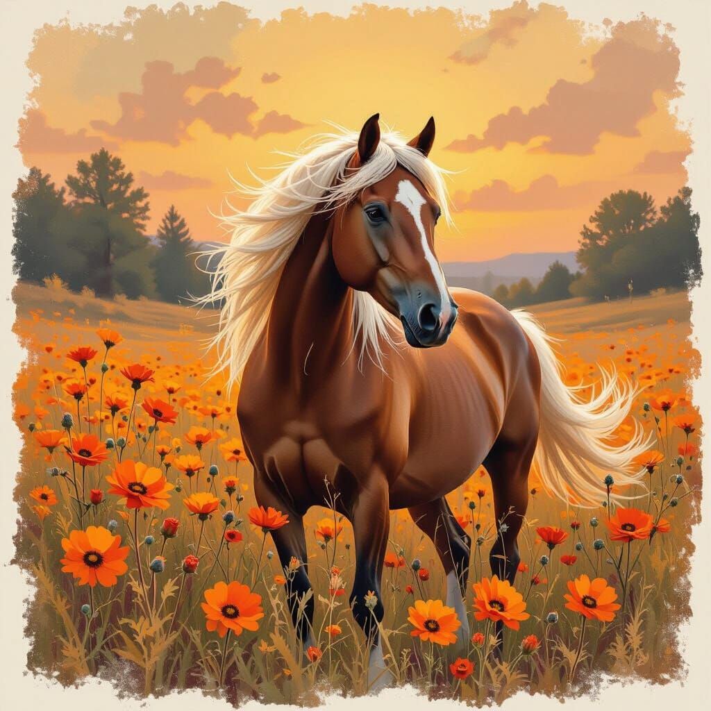 Roan Horse Amidst Wildflowers, Oil Painting