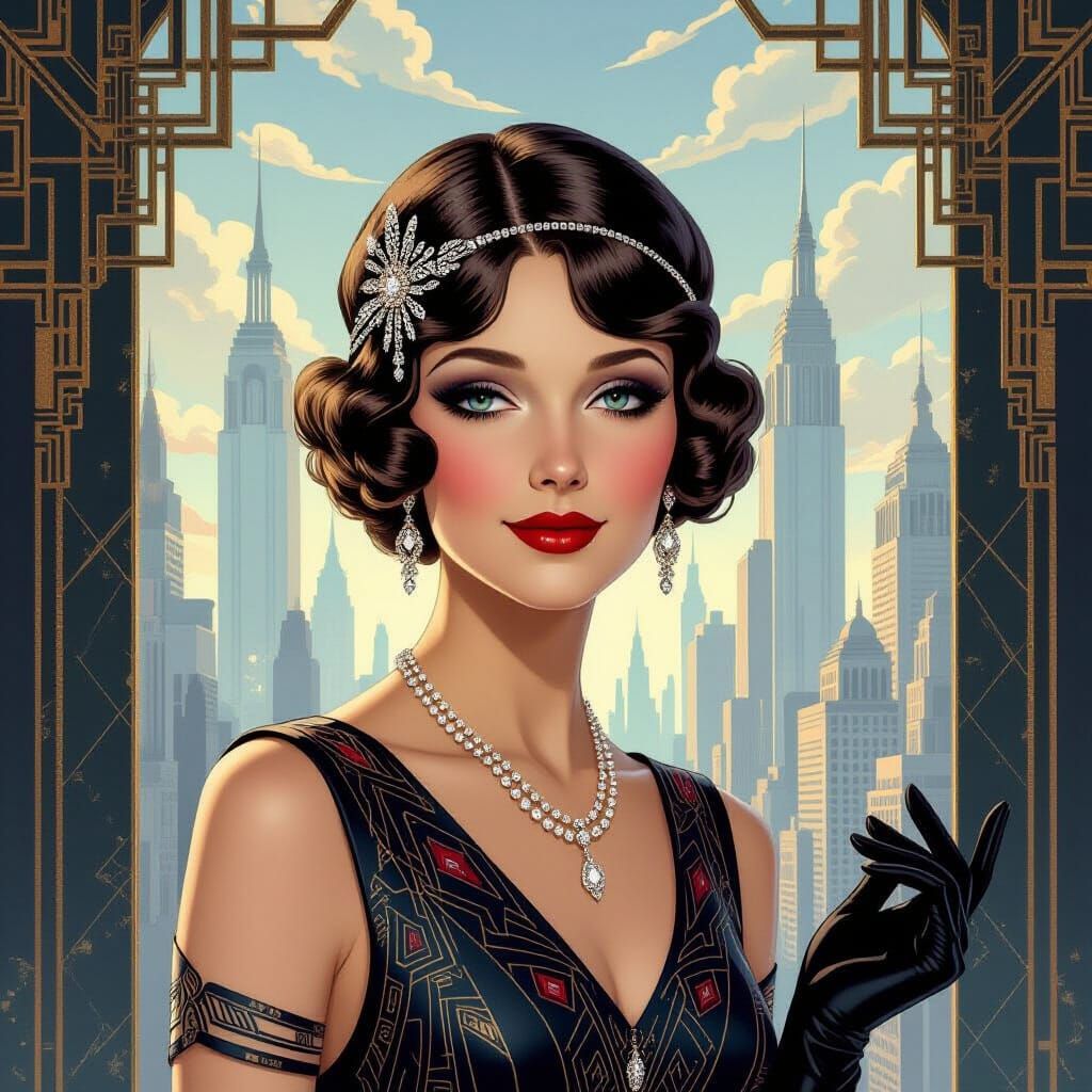 Art Deco Cityscape With Elegant Lady