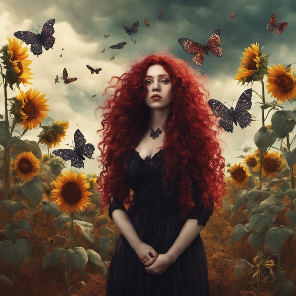 Gothic Woman Butterfly Transformation in a Sunflower Field