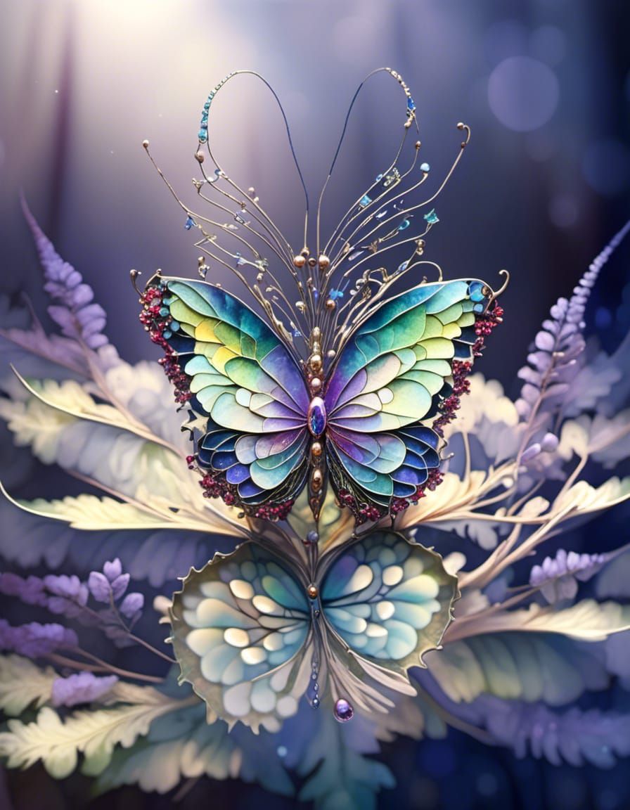 Iridescent Butterfly with Forest Botanicals