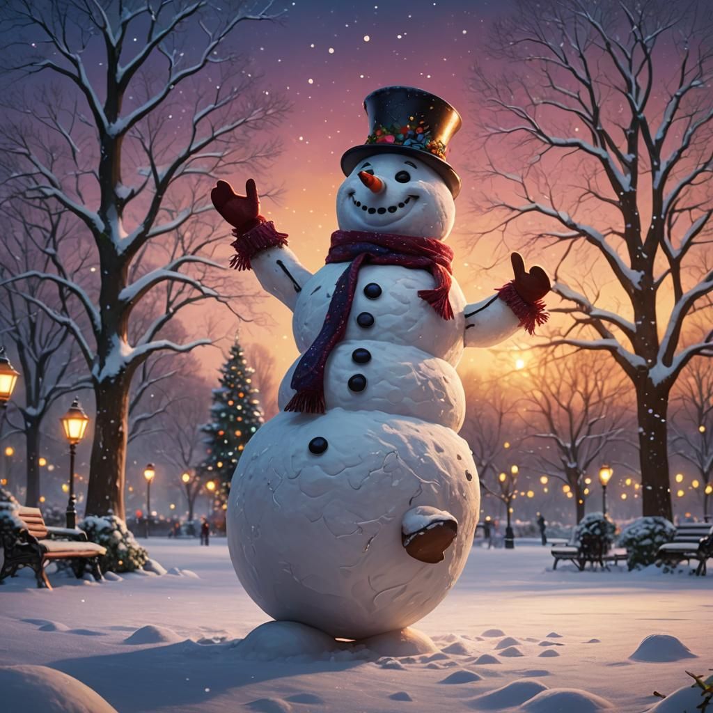 Happy Snowman Dances in Park: Fantasy Concept Art