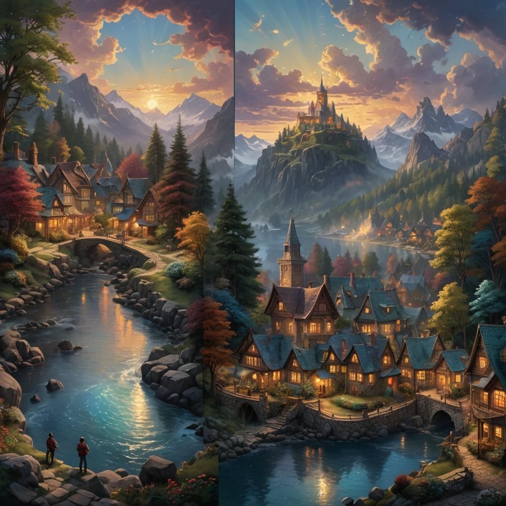 Split Screen Night and Day in Detailed Matte Painting